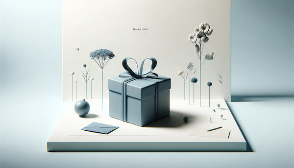 Geschenkpaket minimalistisch stilisiert umgeben von stilisierten Blumen und Dankeskarte auf weissem Hintergrund mit ruhigem Design