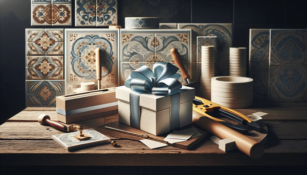 Elegante Geschenke mit blauen Bändern auf Werkbank mit Fliesenwerkzeugen, warmes Licht, freundliche Atmosphäre im Steelmonks-Stil.