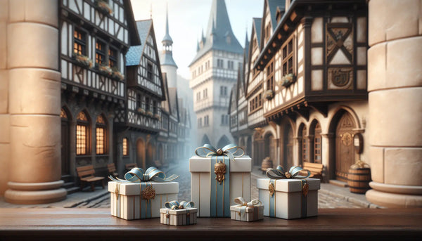 Elegante Geschenke mit blauen Bändern vor historischer Altstadt-Tür mit Zunftzeichen, warmes Licht, ruhige Atmosphäre im Steelmonks-Stil.