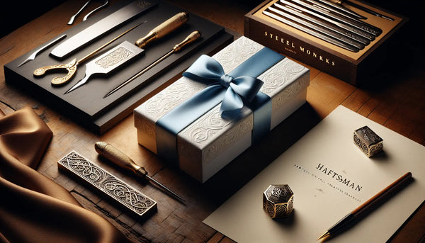 Stilvolles Geschenkset für Installateure mit gravierten Werkzeugen und Zunft-Anhänger auf edler Holzoberfläche im Steelmonks Look.