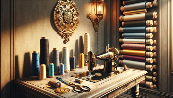 Elegantes Schneideratelier mit Nähmaschine, Schneiderscheren, bunten Stoffrollen und Zunftanhänger im stilvollen Steelmonks Look.