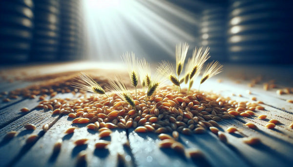 Detailaufnahme von Getreidekörnern im Keimprozess mit kleinen Wurzeln auf traditionellem Malzboden, sanftes Licht, natürliche Frische und Lebendigkeit.