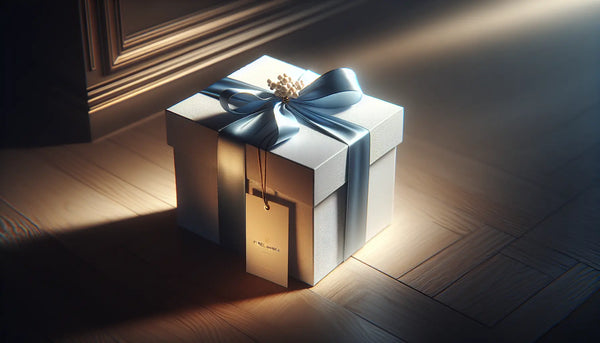 Elegante Geschenkbox in Ghost White mit Persian Blue Band auf Holzoberfläche, warm beleuchtet, Holzkunstwerk im Hintergrund, warme Atmosphäre.
