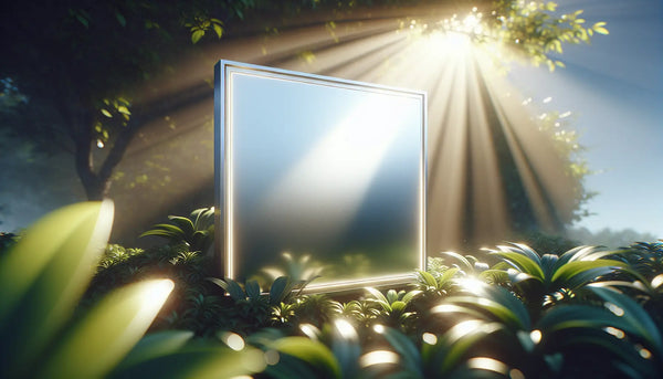 Glänzendes Metallschild in Sonnenlicht, umgeben von grünen Pflanzen, in Steelmonks Farbpalette gestaltet.