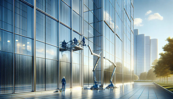 Hochwertige Glasfassadenreinigung an modernem Hochhaus mit Technik in Persian Blue, realistisch, stimmungsvolle ruhige Szene im Steelmonks Look.