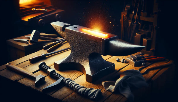 Glühendes Metall auf Amboss mit Funken, traditioneller Schmiedewerkzeuge und modernen Maschinen im Hintergrund, warme Atmosphäre im Steelmonks Design.