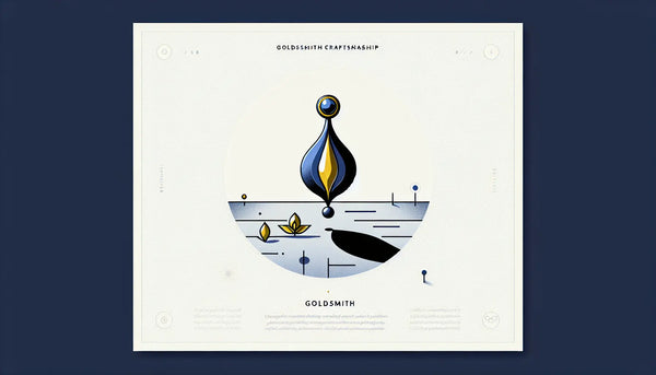 stilisiertes schmuckstück in klarer vektoroptik auf weissem hintergrund mit text goldschmied handwerk und hinweis eleganz und praezision im schmuckkunsthandwerk