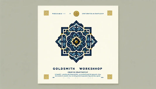 Stilisiertes Schmuckstueck als klare Vektorgrafik auf hellen Hintergrund mit Text Goldschmiedeatelier und kreativer Handwerkskunst
