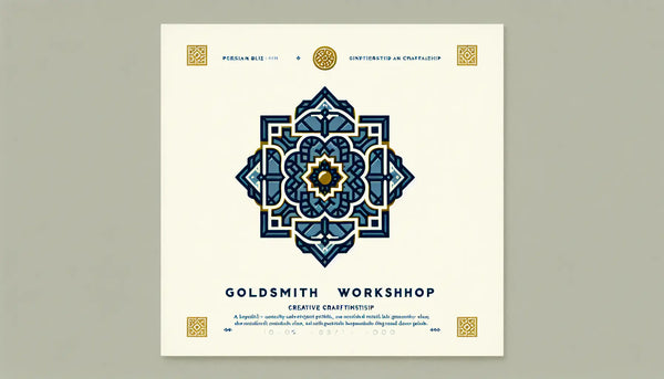 Stilisiertes Schmuckstueck als klare Vektorgrafik auf hellen Hintergrund mit Text Goldschmiedeatelier und kreativer Handwerkskunst