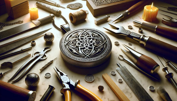 Gravierter Edelstahl-Zunftanhänger mit handwerklichen Werkzeugen, warm beleuchtet im stilvollen Steelmonks Design, symbolisiert Wertschätzung und Qualität.