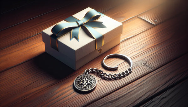 Gravierter Schlüsselanhänger mit Zunftzeichen eines Handwerkers auf einer eleganten Holzunterlage, daneben eine schlanke, hochwertig verpackte Geschenkbox in Steelmonks Farben, warme und einladende Atmosphäre.