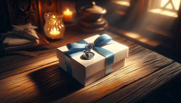 Eleganter Schlüsselanhänger mit handwerklichem Zunftzeichen auf rustikaler Holzoberfläche in edler Geschenkbox mit Steelmonks-Farben.