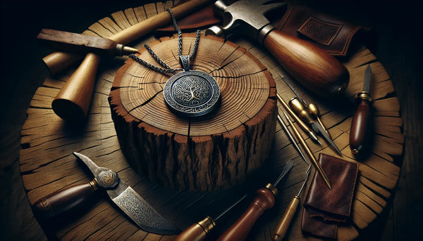 Gravierter Zunftanhänger auf massivem Holz mit traditionellen Handwerkswerkzeugen, stilvoll arrangiert, in warmem Steelmonks-Farbschema
