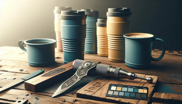 Hochwertiges graviertes Handwerkerwerkzeug auf rustikalem Holzuntergrund neben Kaffeetassen und Thermosbechern mit Steelmonks Farbakzenten.