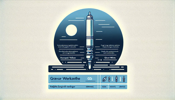 Minimalistische Vektorgrafik eines Gravurwerkzeugs in Persian Blue mit gelbem Akzentpunkt auf weißem Hintergrund, mit der Überschrift Gravur Werkzeuge und Stichpunkt Fertige Zunft-Anhänger gravieren