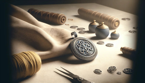 Nahaufnahme eines handgearbeiteten Zunftanhängers mit Gravur und handwerklichen Accessoires in warmem Steelmonks Farbschema.