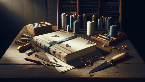 Handgebundenes Buch mit traditionellen Buchbinderwerkzeugen auf altem Holztisch, warmes, natürliches Licht im Steelmonks-Farbschema.