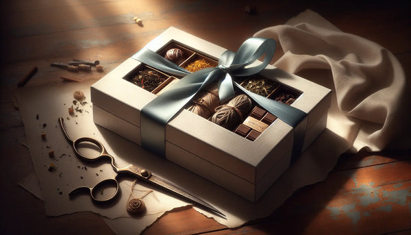 Elegante handgefertigte Geschenkbox mit Tee und Schokolade neben antiker Schere auf warmem Friseurtisch, in Steelmonks Farbstil inszeniert