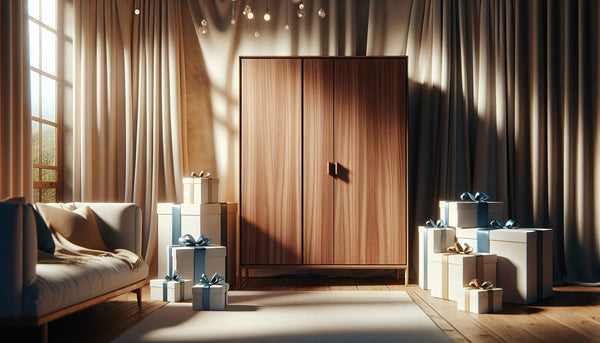 Edler handgefertigter Einbauschrank aus Holz in stilvollem Wohnzimmer mit minimalistischen Geschenken in Steelmonks Farben.