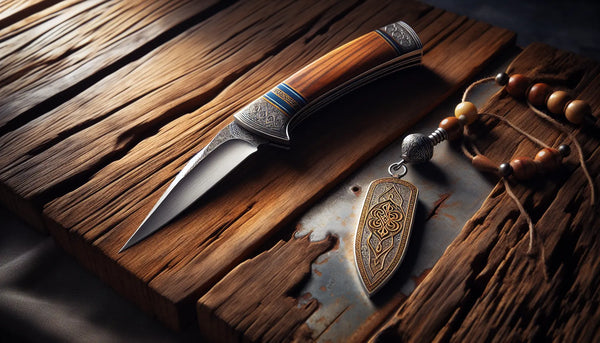 Stilvolles handgefertigtes Messer mit Holzgriff neben traditionellem Zunft-Anhänger auf rustikalem Holztisch, warm und realistisch beleuchtet im Steelmonks-Look.