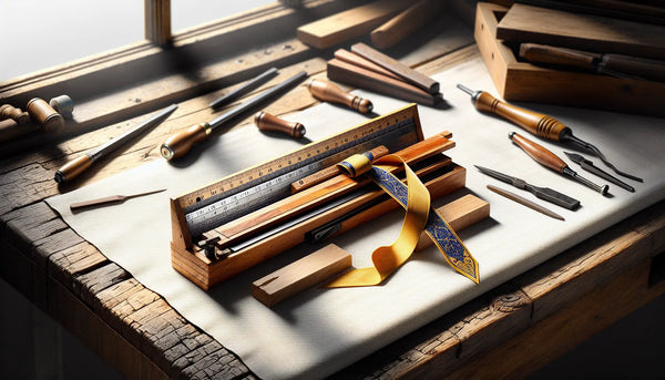 Realistische Werkstatt-Szene mit Holz-Werkbank, personalisiertem Zollstock und Werkzeugen in warmem Licht, Steelmonks Look mit Blau und Gelb.
