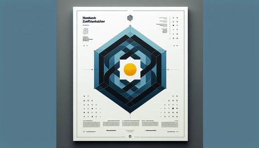 Minimalistisches Zunftanhänger-Symbol in Persian Blue mit gelbem Akzent auf weißem Hintergrund in reduzierter Flat-Vektoroptik, klar und ruhig, Handwerk Tradition