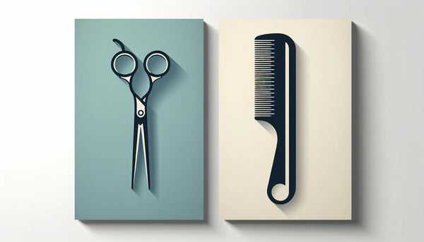 Friseurschere und Kamm als klare Vektorgrafik auf ruhigem weissem Hintergrund mit Text zu Handwerk und Kunst
