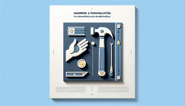 Minimalistic flat vector graphic of a hand tool and a personalized plaque in Persian Blue with yellow accent on a white background symbolizing craftsmanship and gift personalization.