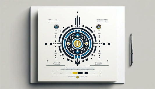 Minimalistisches Stahl-Emblem als Vektorgrafik in Persian Blue mit kleinem gelbem Akzentpunkt auf weißem Hintergrund. Text Handwerk und Stolz, Stichpunkt Werte erhalten und sichtbar machen.