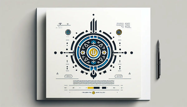 Minimalistisches Stahl-Emblem als Vektorgrafik in Persian Blue mit kleinem gelbem Akzentpunkt auf weißem Hintergrund. Text Handwerk und Stolz, Stichpunkt Werte erhalten und sichtbar machen.