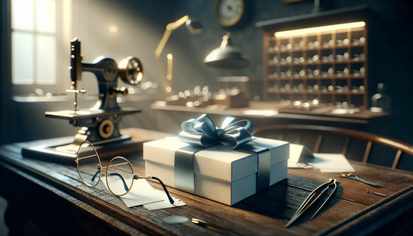 Atmosphärisches Bild eines Optikerladens mit elegant verpackten Geschenkboxen in Blau und Weiß, warmes Licht und handwerkliche Details in Fokus.