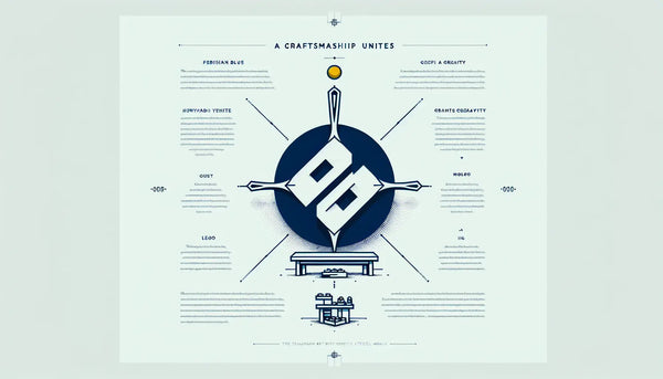 Minimalistischer stilisierter Zunft-Anstecker in Persian Blue mit kleinem gelben Akzentpunkt auf weißem Hintergrund. Text Handwerk verbindet und Tradition trifft Kreativität.