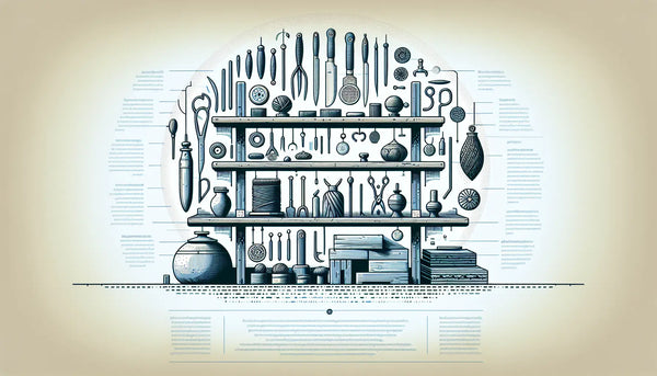 Stilisiertes Werkstattregal mit minimalistischen Werkzeugen als klare Vektorgrafik auf hellem Hintergrund mit Text zu Handwerker Werkstatt