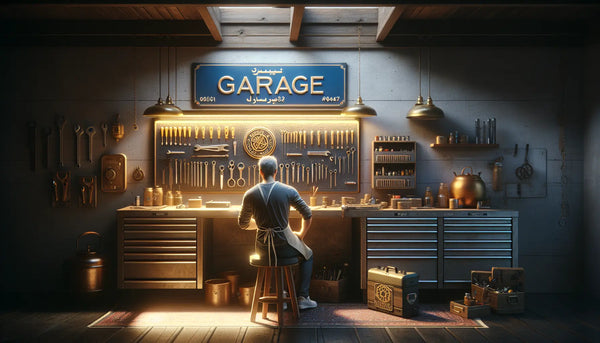Handwerker in stilvoller Garage mit glänzendem Werkzeug, weichem Licht und Garagenschild in Steelmonks Farben.