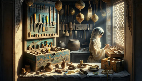 Traditioneller Handwerker in Werkstatt mit altem Werkzeugkasten und edlen Zunft-Anhängern, stimmungsvolles warmes Licht, Steelmonks Farbgestaltung
