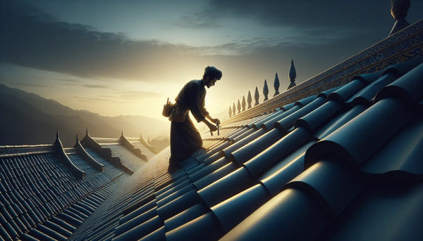 Handwerker bringt sorgfältig neue Dachziegel auf Walmdach an, umgeben von blauem Himmel in Steelmonks Farbton, leichte Vogelperspektive.