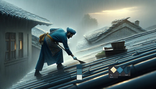 Handwerker deckt bei starkem Regen ein Dach ab, regennasse Atmosphäre, Steelmonks Farbpalette, realistisch und emotional.