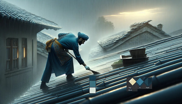 Handwerker deckt bei starkem Regen ein Dach ab, regennasse Atmosphäre, Steelmonks Farbpalette, realistisch und emotional.