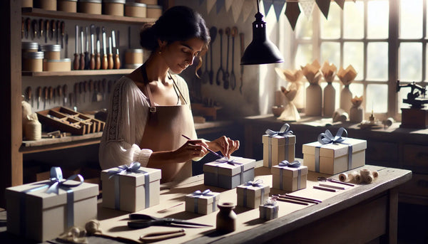 Handwerker in warmer, traditioneller Werkstatt mit klassischem Werkzeug und elegant verpackten Geschenken im Steelmonks Farbdesign.