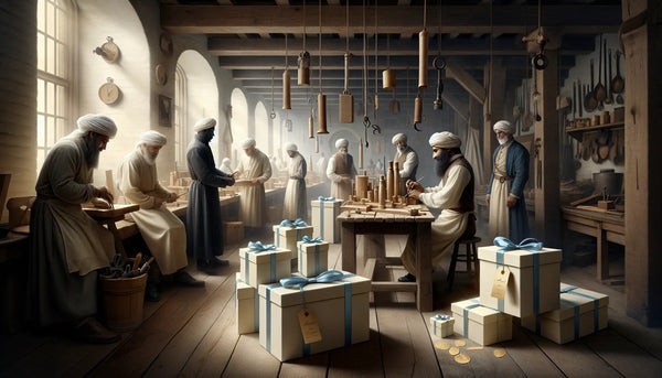 Historisches Gemälde mit Handwerkern, schlanke Geschenkboxen in persischblau und weiß, Wärme und Glückssymbole in alter Werkstatt.