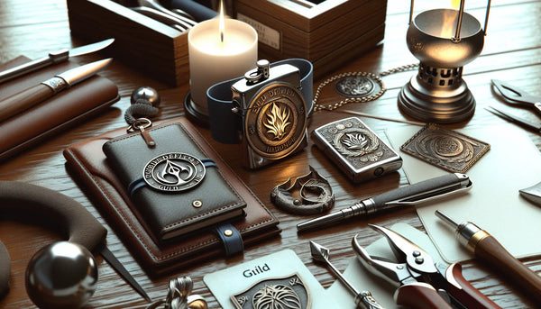 Handwerkertisch mit Zunftzeichen-Anhänger, graviertem Kartenhalter und Zippo-Feuerzeug in Steelmonks Farben, gemütlich und hochwertig.