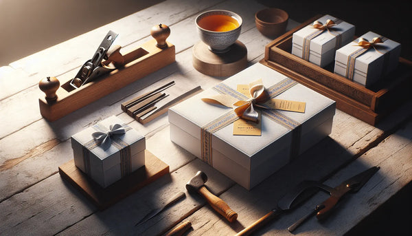 Ein stilvoller handwerklicher Arbeitsplatz mit traditionellen Werkzeugen und modernen Geschenkboxen in Steelmonks Farben, warm und einladend beleuchtet.