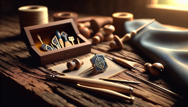 Ein stilvoller handwerklicher Zunft-Anstecker auf rustikalem Holztisch, umgeben von traditionellen Werkzeugen, warm beleuchtet und hochwertig inszeniert.