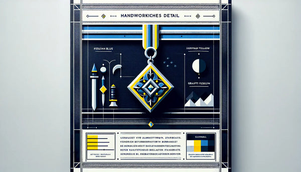 Minimalistischer Metallanhaenger mit Zunftzeichen in klarer Vektorlinie auf weissem Hintergrund mit Text zu handwerklichem Detail