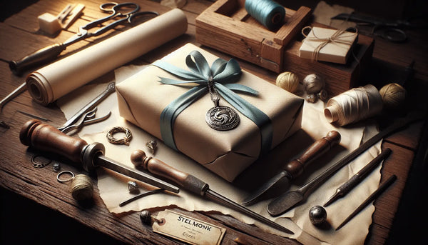 Elegantes Geschenk in Form eines handwerklich gefertigten Anhängers mit nostalgischem Zunftzeichen auf einer Holzwerkbank, umgeben von traditionellem Handwerkszeug, in Steelmonks-Farben inszeniert.