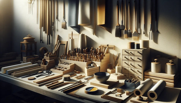 Stilvolles Handwerksatelier mit ordentlich sortierten Werkzeugen und traditionellen Schreiner-Elementen in warmem, einladendem Licht im Steelmonks-Design.