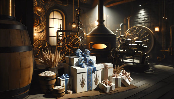 Handwerksbrauer und Mälzer in traditioneller Brauerei mit stilvollen Geschenken in Blau und Weiß, warm und einladend im Steelmonks Look.