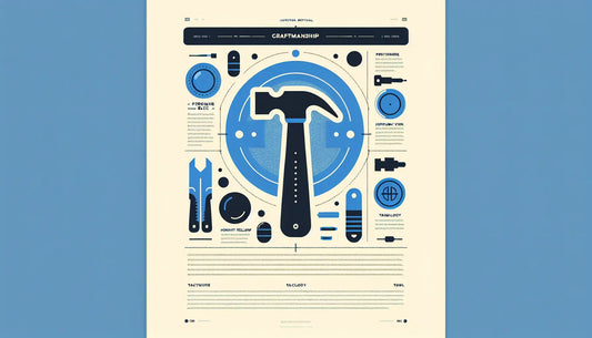 Minimalistische Infografik mit einem stilisierten Hammer in Persian Blue und einem kleinen gelben Akzentpunkt auf weißem Hintergrund. Überschrift Handwerkskunst und Stichpunkt Werkzeuge vereinen Technik und Tradition.