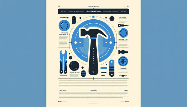 Minimalistische Infografik mit einem stilisierten Hammer in Persian Blue und einem kleinen gelben Akzentpunkt auf weißem Hintergrund. Überschrift Handwerkskunst und Stichpunkt Werkzeuge vereinen Technik und Tradition.
