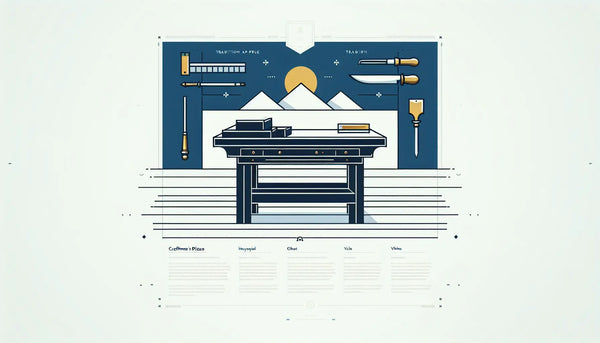 Minimalistische Grafik eines stilisierten Handwerksarbeitsplatzes mit Werkzeugen symbolisiert in klaren Linien in Persian Blue und gelbem Akzent auf weißem Hintergrund